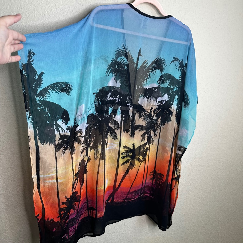 Bleu Rod Beattie Tropical Sunset Palm Tree Sheer Swim Cover Up Kaftan Medium - Picture 5 of 5